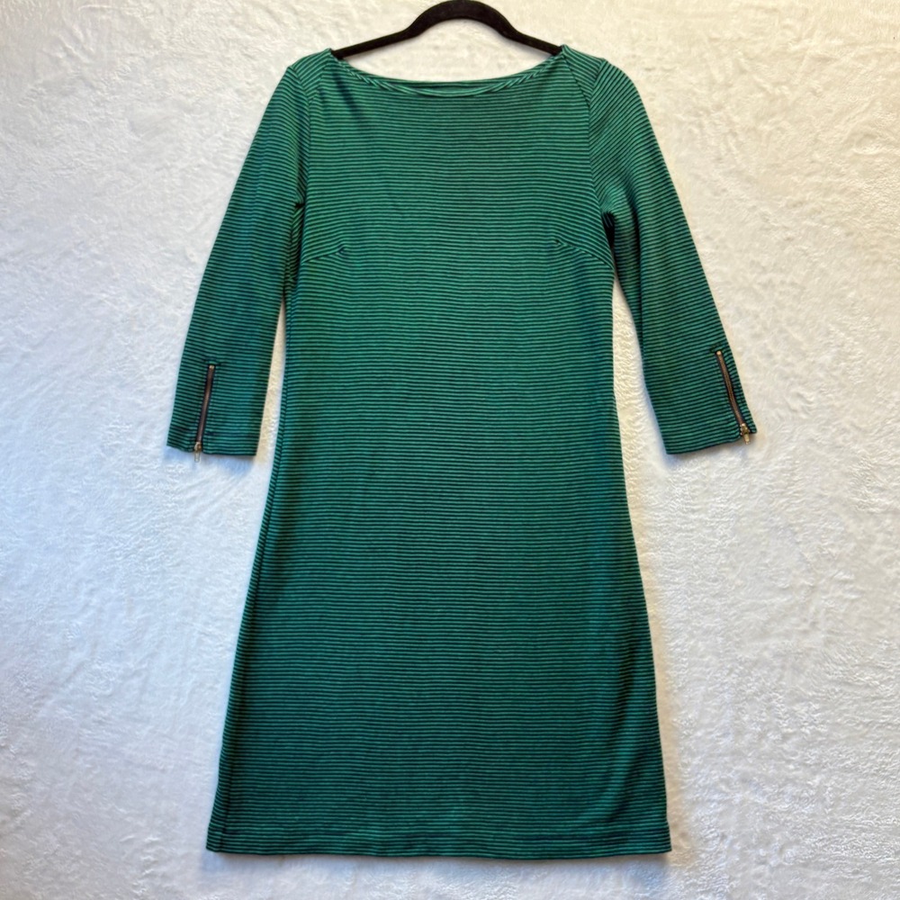 Talbots‎ Dress Women Sz Small Green Navy Striped Knit 3/4 Sleeve Zipper Detail